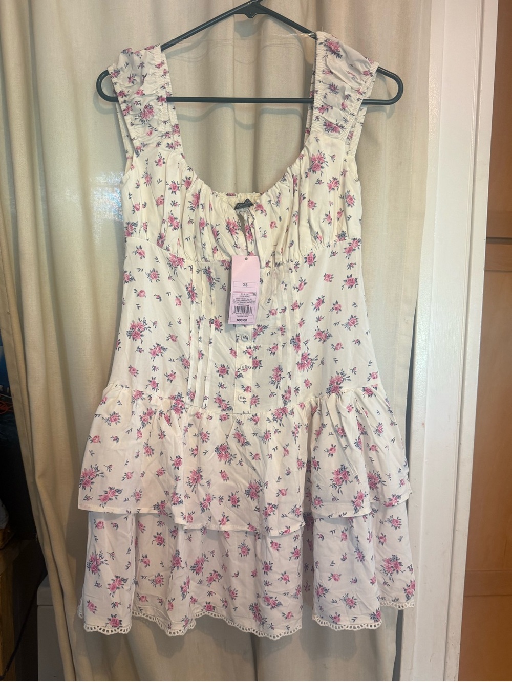 Wild Fable White Floral Tiered Mini Sundress with Pink Accent